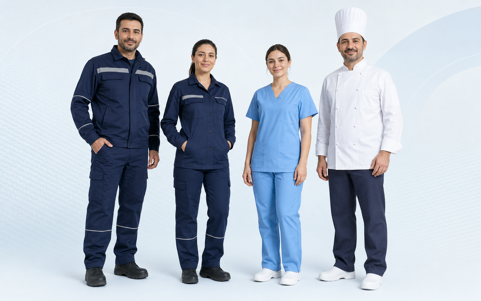 İş kıyafeti, medikal forma ve aşçı ceketi giyen dört temsili çalışan illüstrasyonu